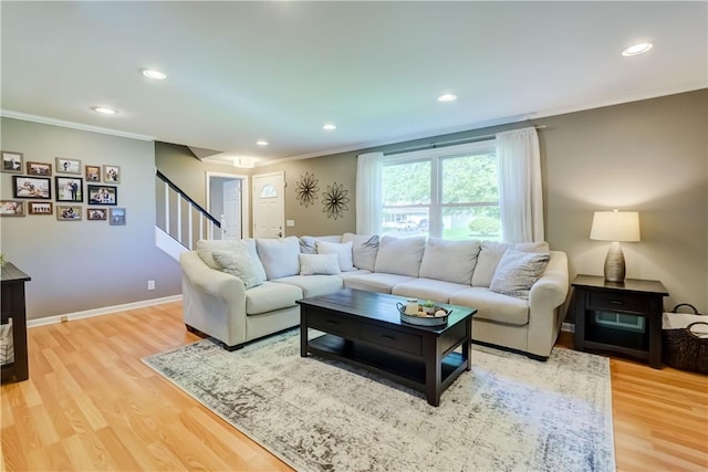 272 Shaftsbury Rd, Brighton, NY 14610 - living room with crown molding, stairway, light wood-style flooring, recessed lighting, and baseboards