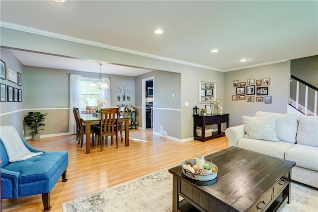 272 Shaftsbury Rd, Brighton, NY 14610 - living room with light wood-style floors, stairway, crown molding, baseboards, and recessed lighting