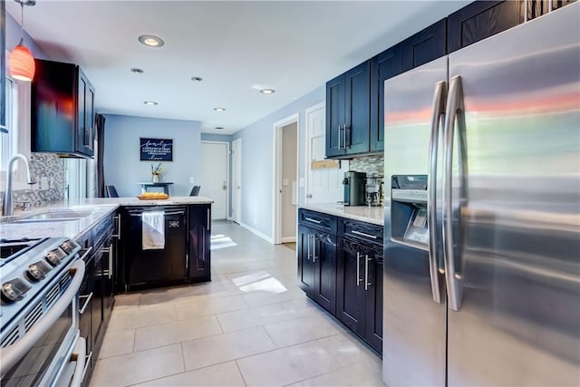 272 Shaftsbury Rd, Brighton, NY 14610 - kitchen featuring stainless steel refrigerator with ice dispenser, a sink, dishwasher, tasteful backsplash, and light stone countertops