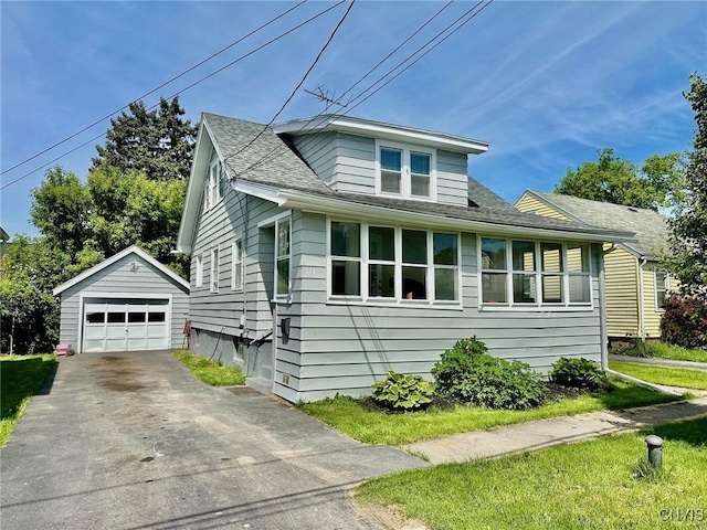 131 Hazelhurst Ave, Syracuse, NY 13206 - bungalow-style home with an outbuilding, a garage, asphalt driveway, and roof with shingles