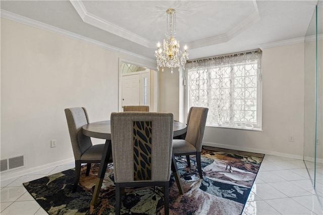 23 Sunberry Dr, Perinton, NY 14526 - dining room with a chandelier, light tile patterned floors, baseboards, ornamental molding, and a raised ceiling