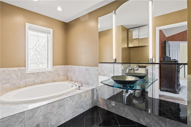 23 Sunberry Dr, Perinton, NY 14526 - full bath with a garden tub, tile patterned floors, a sink, and recessed lighting