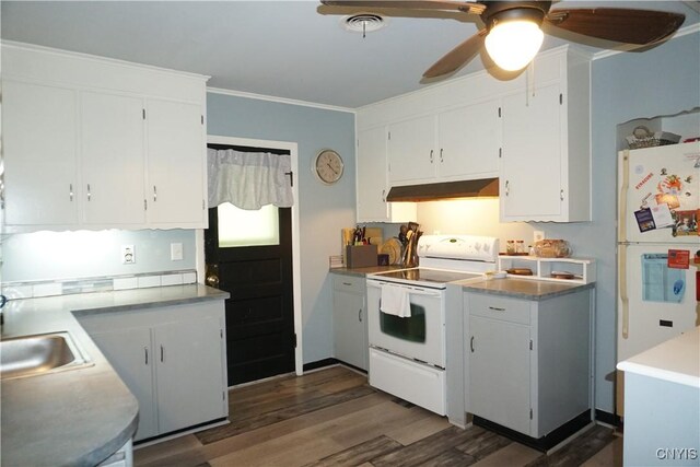 12 Phillips St, Lysander, NY 13027 - kitchen featuring white appliances, under cabinet range hood, dark wood-type flooring, ceiling fan, and white cabinetry
