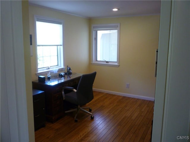 3899 Sweet Rd, Pompey, NY 13078 - home office featuring crown molding, dark wood finished floors, baseboards, and recessed lighting