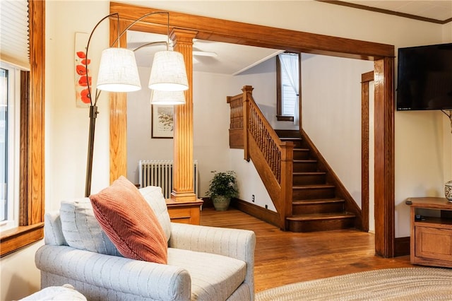 110 Lansdale St, Rochester, NY 14620 - living area featuring wood finished floors, ornamental molding, radiator, stairway, and baseboards