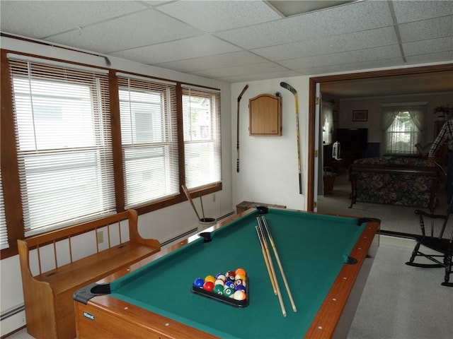 136 Platt St, Erwin, NY 14870 - playroom with a baseboard heating unit, billiards, a drop ceiling, and plenty of natural light