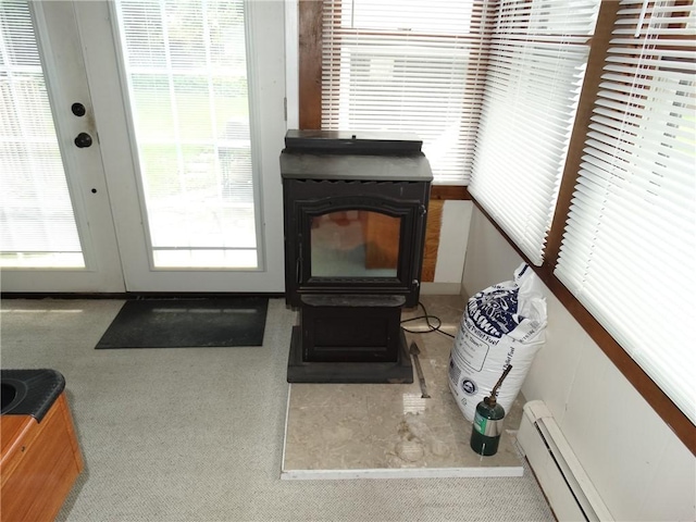 136 Platt St, Erwin, NY 14870 - living area with a baseboard radiator, carpet floors, and french doors