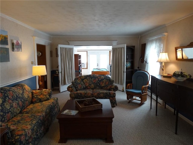 136 Platt St, Erwin, NY 14870 - living area featuring plenty of natural light, carpet, french doors, crown molding, and a baseboard heating unit