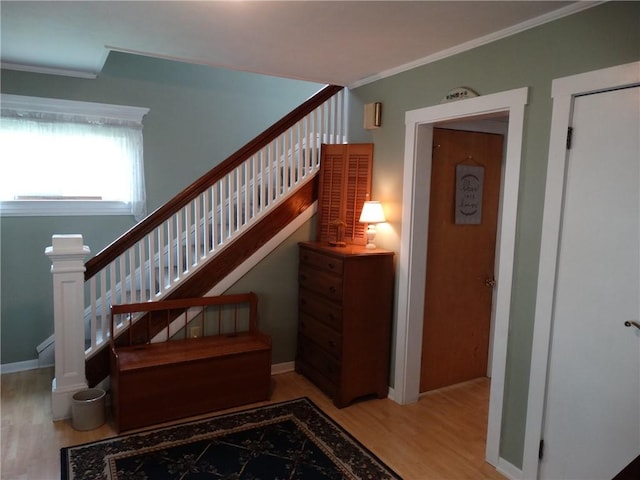 136 Platt St, Erwin, NY 14870 - staircase with wood finished floors, ornamental molding, and baseboards