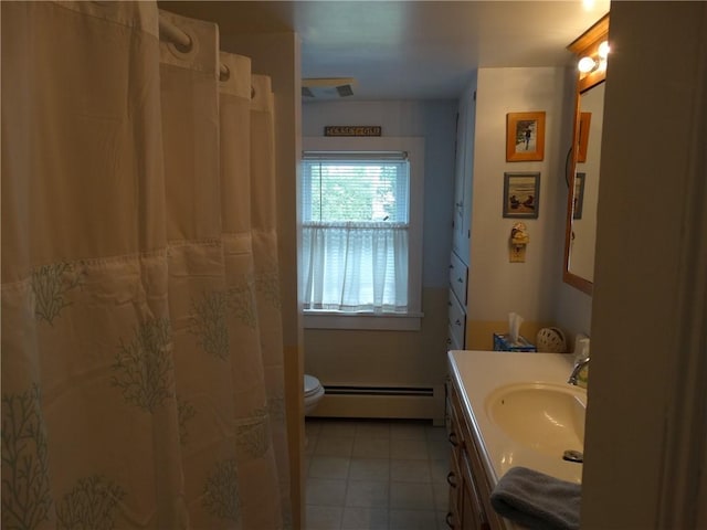 136 Platt St, Erwin, NY 14870 - full bathroom featuring a baseboard radiator, vanity, toilet, and tile patterned flooring