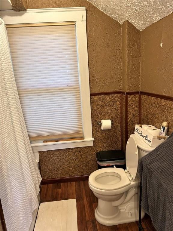 2287 State Route 352, Big Flats, NY 14903 - bathroom featuring wood finished floors, toilet, a wainscoted wall, and a textured wall