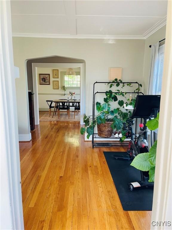 626 Roberts Ave, Syracuse, NY 13207 - workout room with ornamental molding, plenty of natural light, wood finished floors, and arched walkways