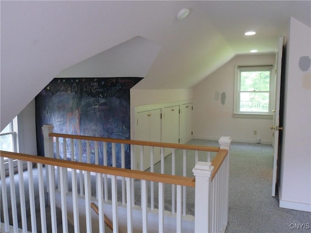 626 Roberts Ave, Syracuse, NY 13207 - staircase featuring vaulted ceiling, carpet flooring, recessed lighting, and baseboards
