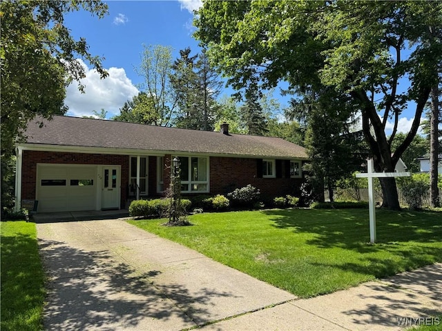 725 Warren Dr, Aurora, NY 14052 - ranch-style house with a garage, brick siding, a front yard, concrete driveway, and a chimney
