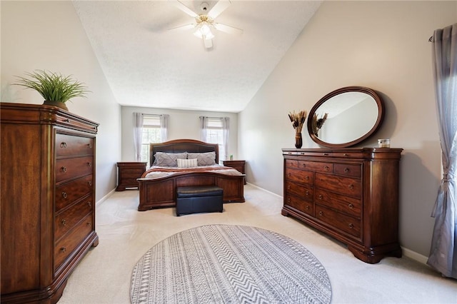 56 Edenfield Rd, Penfield, NY 14526 - bedroom featuring light colored carpet, lofted ceiling, baseboards, and a ceiling fan