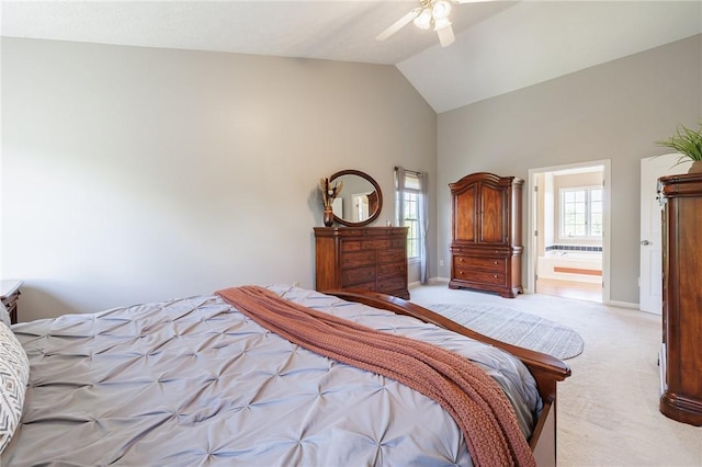 56 Edenfield Rd, Penfield, NY 14526 - bedroom with light colored carpet, baseboards, ceiling fan, ensuite bathroom, and high vaulted ceiling