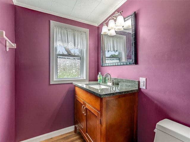 26 Groveland, Geneseo, NY 14454 - bathroom featuring crown molding, toilet, vanity, wood finished floors, and baseboards