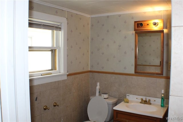 116 Merden St, Salamanca-City, NY 14779 - half bath featuring vanity, toilet, ornamental molding, a wainscoted wall, and wallpapered walls
