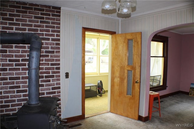 116 Merden St, Salamanca-City, NY 14779 - interior space with carpet flooring, arched walkways, ornamental molding, and baseboards