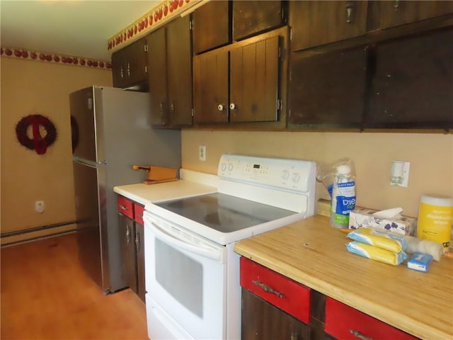 5015 S Centenary Rd, Sodus, NY 14505 - kitchen with white range with electric cooktop, a baseboard radiator, light wood-style floors, and freestanding refrigerator