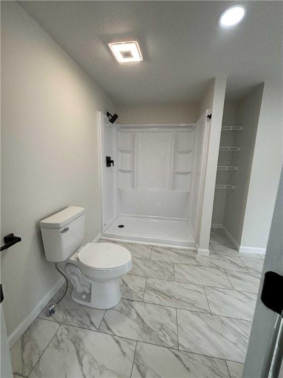 3758 Lake Rd N, Clarkson, NY 14420 - full bath with baseboards, marble finish floors, a shower stall, toilet, and a textured ceiling