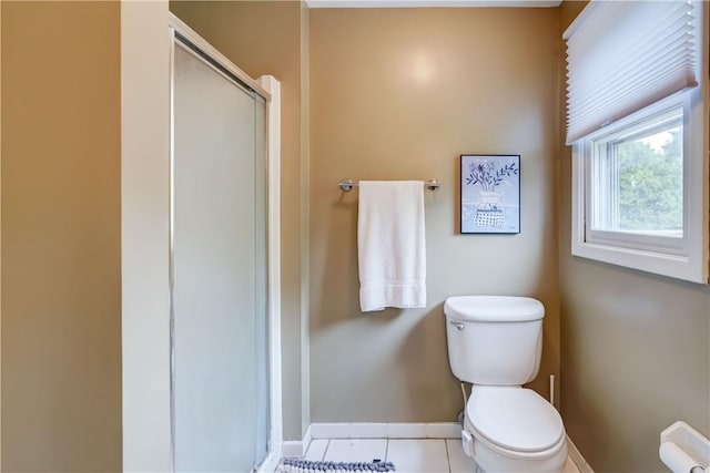 16 Canterbury Trl, Penfield, NY 14450 - bathroom with toilet, baseboards, a stall shower, and tile patterned flooring