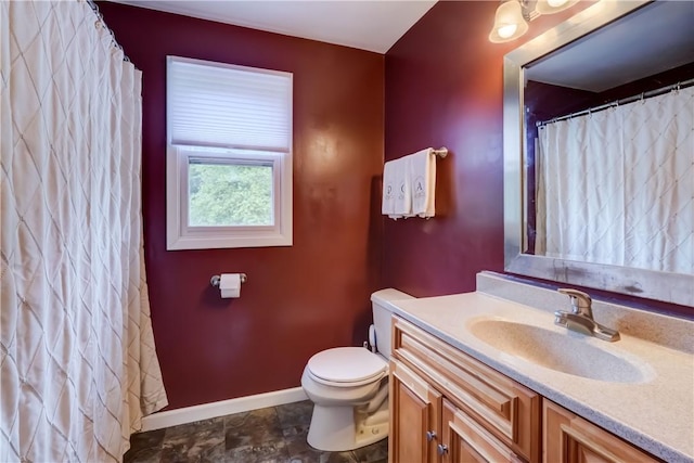 16 Canterbury Trl, Penfield, NY 14450 - bathroom with toilet, vanity, baseboards, and a shower with curtain