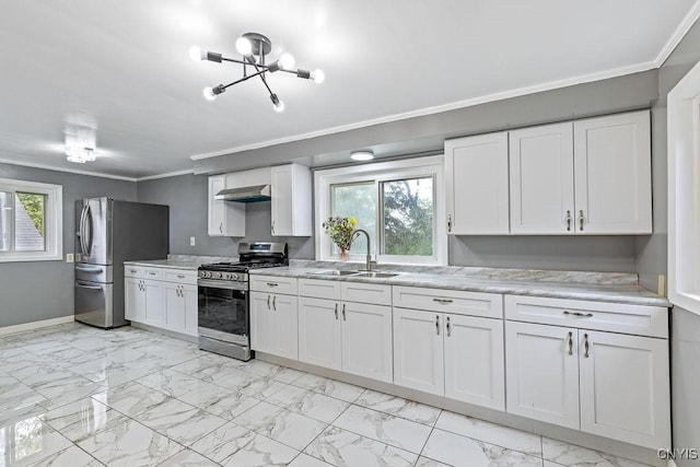 410 John St, Syracuse, NY 13208 - kitchen with stainless steel appliances, a sink, ornamental molding, light marble finish floors, and wall chimney exhaust hood