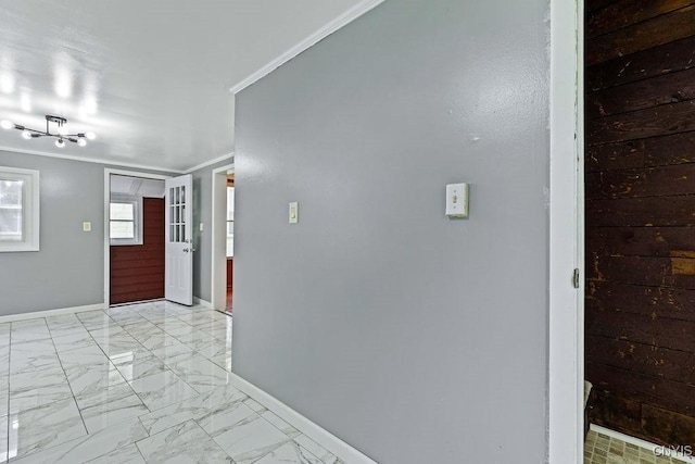 410 John St, Syracuse, NY 13208 - corridor with light marble finish floors, ornamental molding, and baseboards