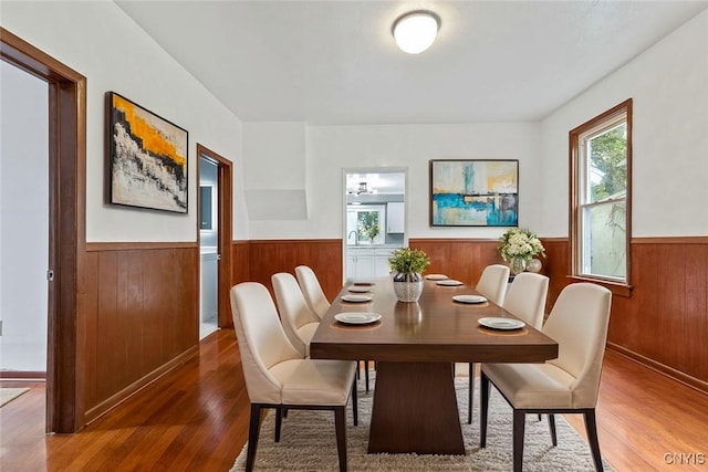 410 John St, Syracuse, NY 13208 - dining area featuring a wainscoted wall, wood finished floors, and wooden walls