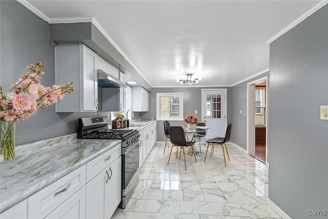 410 John St, Syracuse, NY 13208 - kitchen featuring gas stove, a sink, white cabinetry, light marble finish floors, and range hood