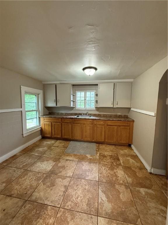 180 Norran Dr, Rochester, NY 14609 - kitchen with baseboards, brown cabinetry, dark countertops, and open shelves