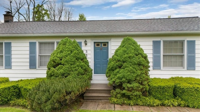 3343 Cory Hill Rd, Marion, NY 14505 - view of exterior entry featuring a chimney and a shingled roof