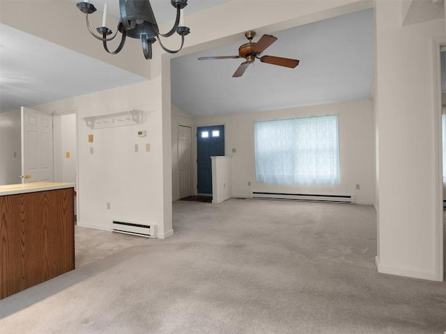 3343 Cory Hill Rd, Marion, NY 14505 - unfurnished living room featuring a baseboard heating unit, carpet flooring, lofted ceiling, a ceiling fan, and baseboards