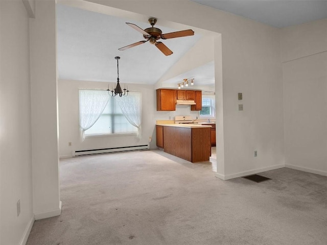 3343 Cory Hill Rd, Marion, NY 14505 - unfurnished living room featuring a baseboard heating unit, light carpet, a ceiling fan, vaulted ceiling, and baseboards