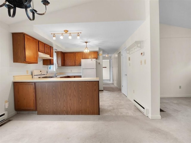 3343 Cory Hill Rd, Marion, NY 14505 - kitchen featuring freestanding refrigerator, a baseboard radiator, brown cabinetry, under cabinet range hood, and a peninsula