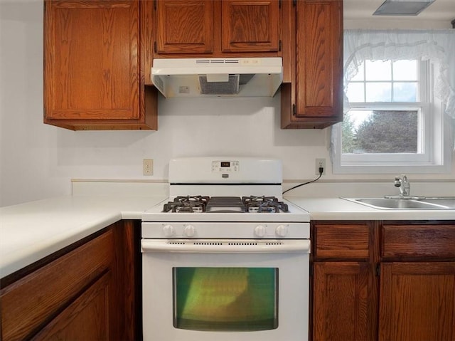3343 Cory Hill Rd, Marion, NY 14505 - kitchen with white gas range oven, range hood, a sink, and light countertops