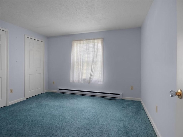 3343 Cory Hill Rd, Marion, NY 14505 - unfurnished bedroom featuring a baseboard radiator, carpet, a textured ceiling, and baseboards