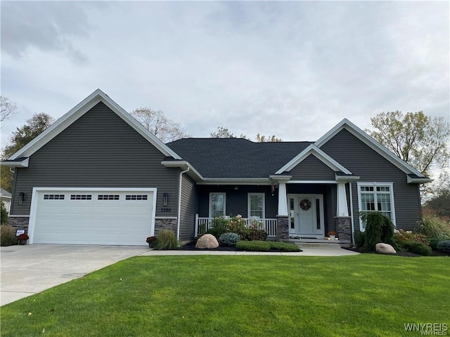 7395 Jewett Holmwood Rd, Orchard Park, NY 14127 - craftsman house with stone siding, concrete driveway, a porch, and a front lawn