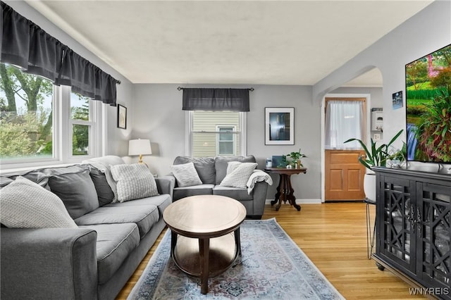 1587 Parker Blvd, Tonawanda-Town, NY 14150 - living area featuring plenty of natural light, light wood-style floors, arched walkways, and baseboards