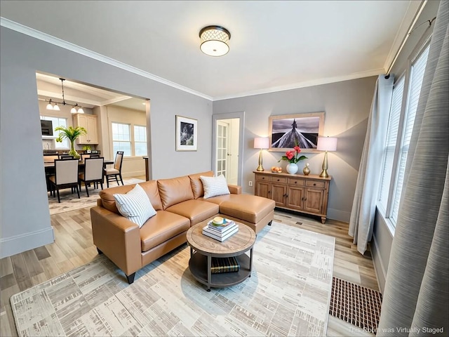 257 Haviland Park, Greece, NY 14616 - living area with crown molding, light wood-style floors, baseboards, and a chandelier