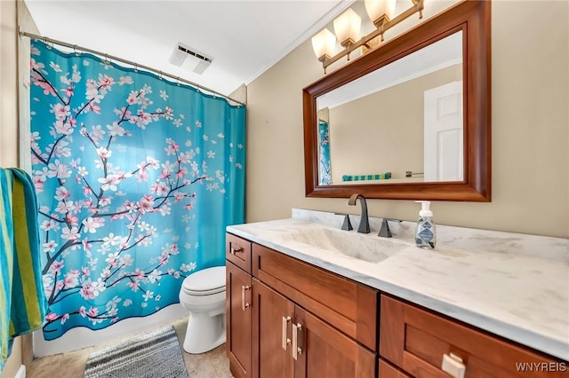8918 Hurlburt Ln, Clarence, NY 14031 - full bathroom featuring vanity, toilet, crown molding, and a shower with shower curtain