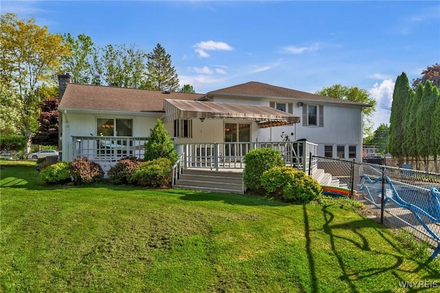 8918 Hurlburt Ln, Clarence, NY 14031 - rear view of house featuring a chimney, a deck, and stairway