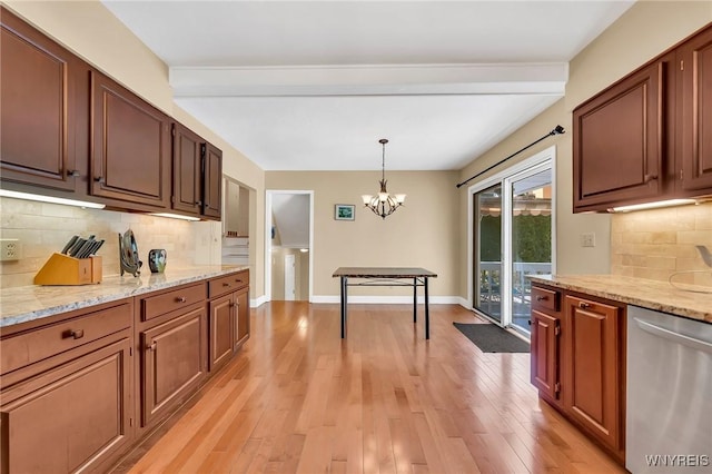 8918 Hurlburt Ln, Clarence, NY 14031 - kitchen featuring dishwasher, a chandelier, tasteful backsplash, light wood finished floors, and hanging light fixtures