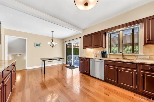 8918 Hurlburt Ln, Clarence, NY 14031 - kitchen with stainless steel dishwasher, a chandelier, decorative backsplash, a sink, and beamed ceiling