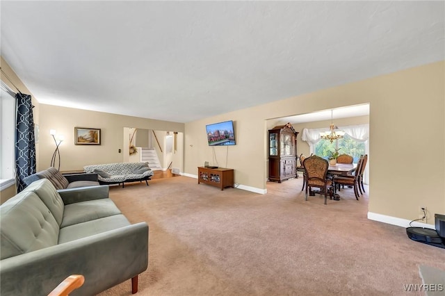 8918 Hurlburt Ln, Clarence, NY 14031 - living room with a chandelier, stairway, light colored carpet, and baseboards