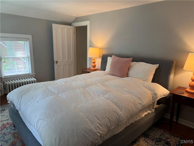 22 Hamilton St, Hamilton, NY 13346 - bedroom with radiator, wood finished floors, and vaulted ceiling