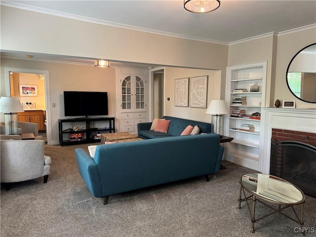 22 Hamilton St, Hamilton, NY 13346 - living room with crown molding, built in features, carpet, a fireplace, and baseboards