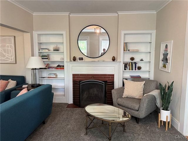 22 Hamilton St, Hamilton, NY 13346 - carpeted living room featuring built in features, ornamental molding, and a brick fireplace