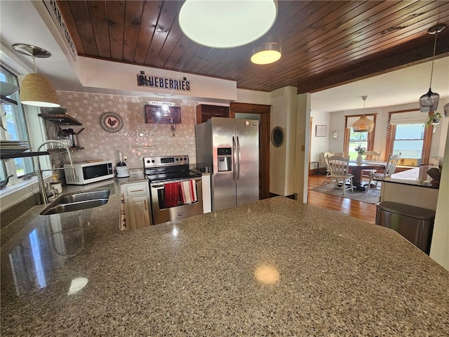 6207 Knickerbocker Rd, Ontario, NY 14519 - kitchen featuring appliances with stainless steel finishes, dark stone counters, wood ceiling, tasteful backsplash, and hanging light fixtures